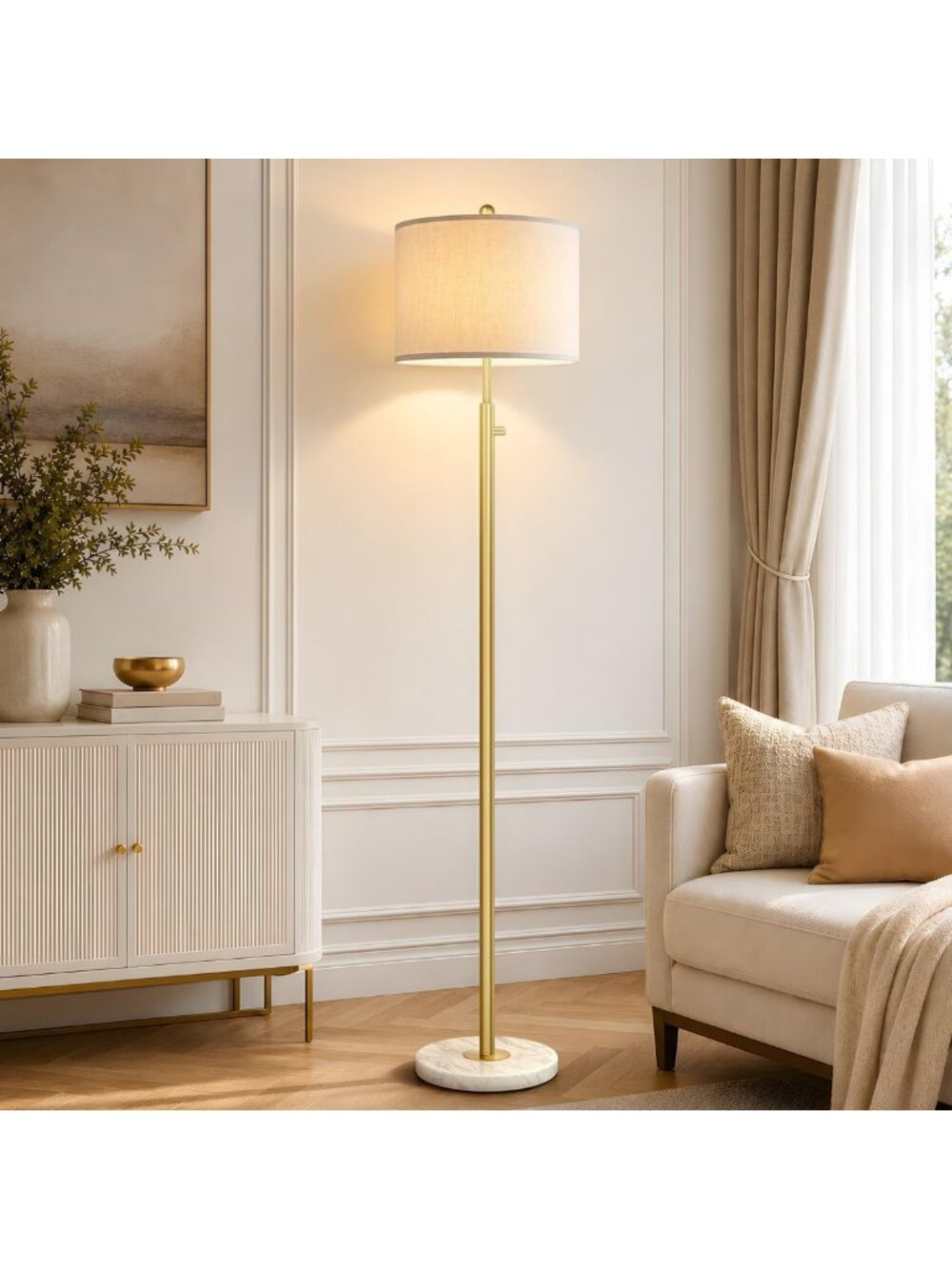 Dimmable Gold Floor Lamp with Turkish Marble Base & Elegant White Linen Shade
